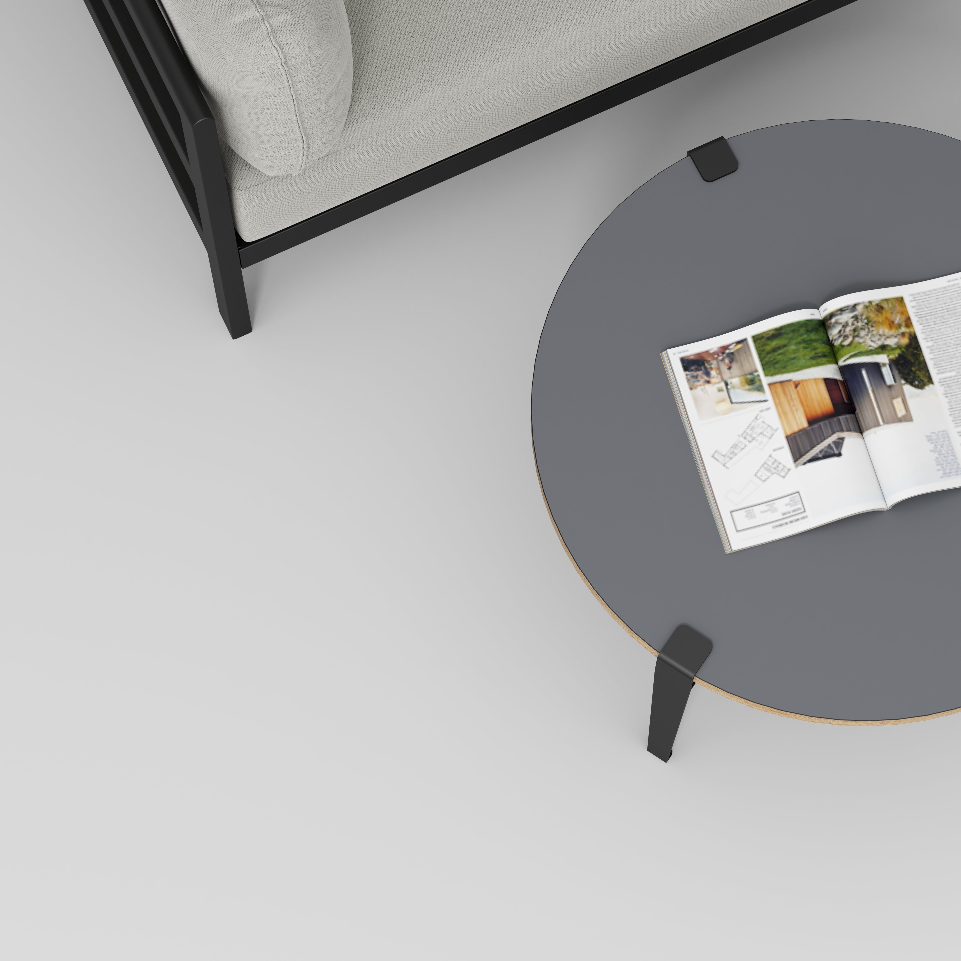 Plywood Round Coffee Table with Black Tiptoe Legs - Formica Tornado Grey - 800(dia) x 430(h)