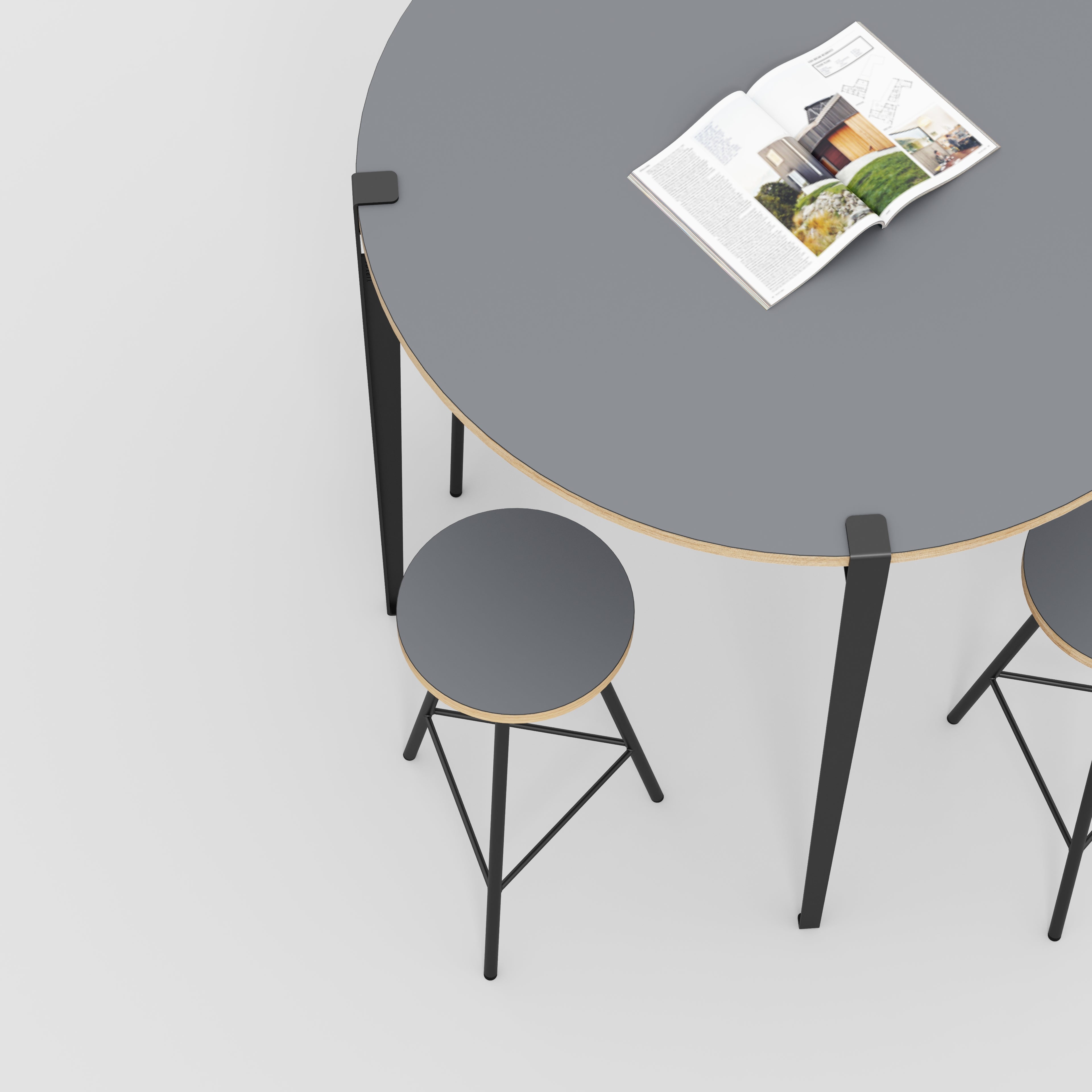 Plywood Round Table with Black Tiptoe Legs - Formica Tornado Grey - 1200(dia) x 1100(h)