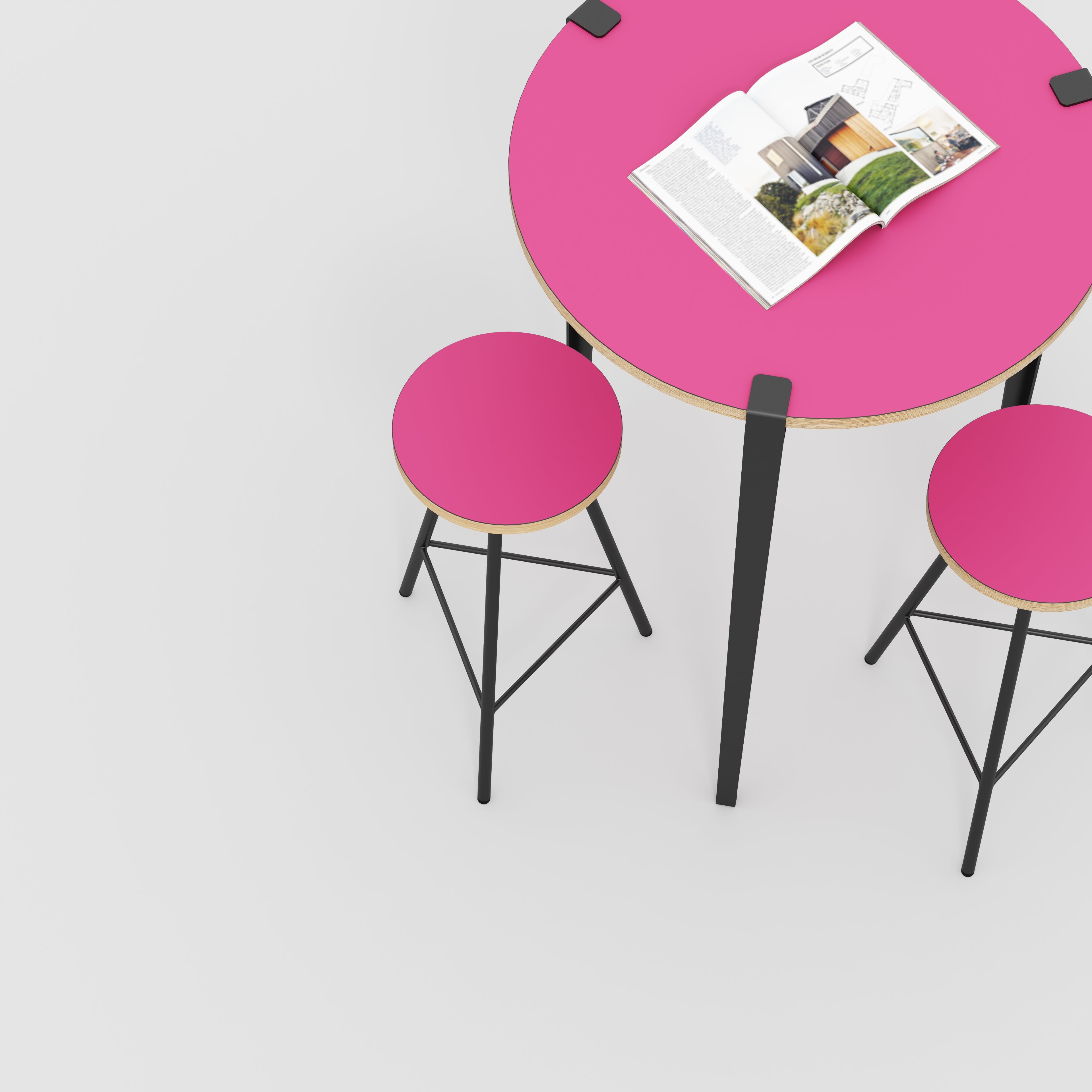 Plywood Round Table with Black Tiptoe Legs - Formica Juicy Pink - 800(dia) x 1100(h)