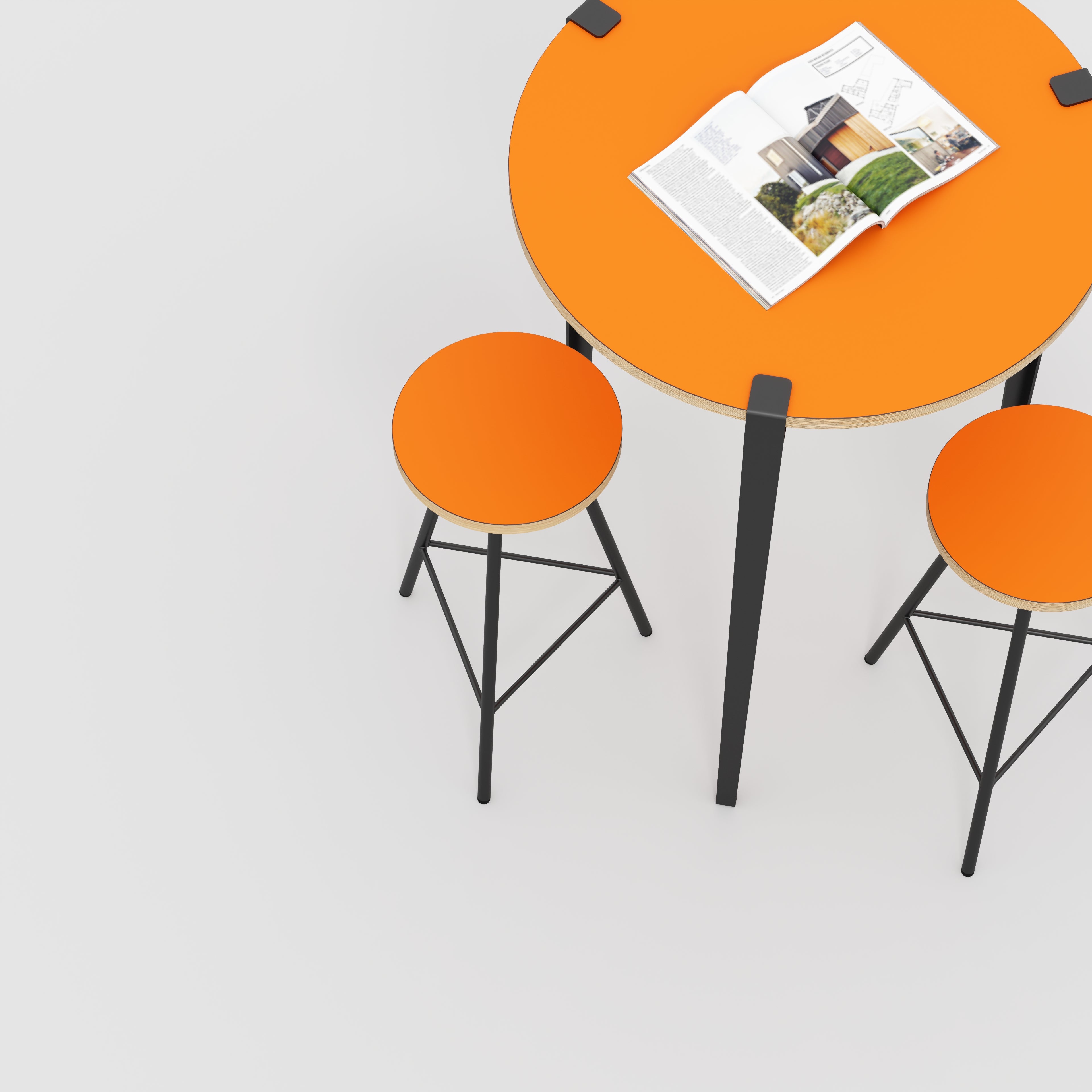 Plywood Round Table with Black Tiptoe Legs - Formica Levante Orange - 800(dia) x 1100(h)