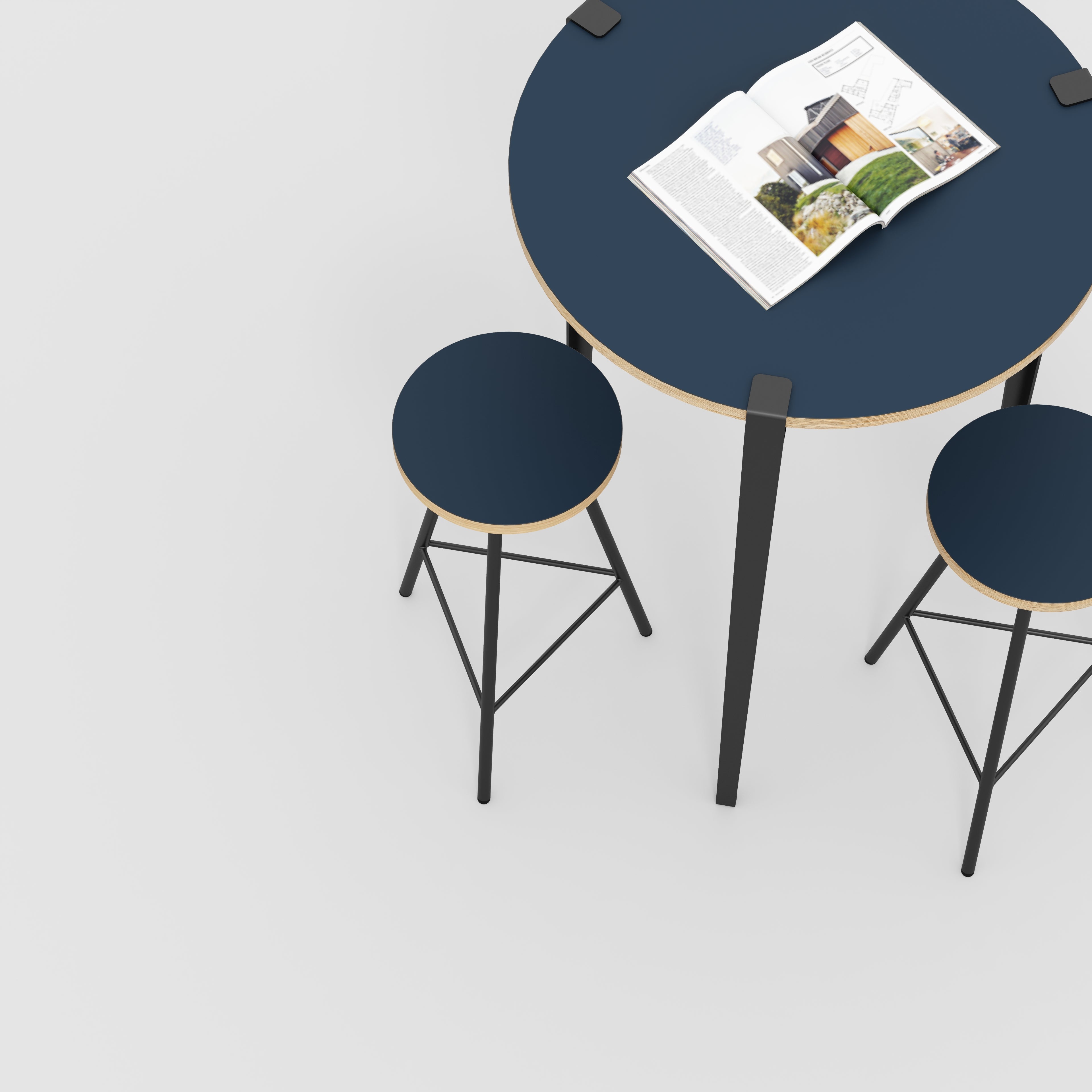 Plywood Round Table with Black Tiptoe Legs - Formica Night Sea Blue - 800(dia) x 1100(h)