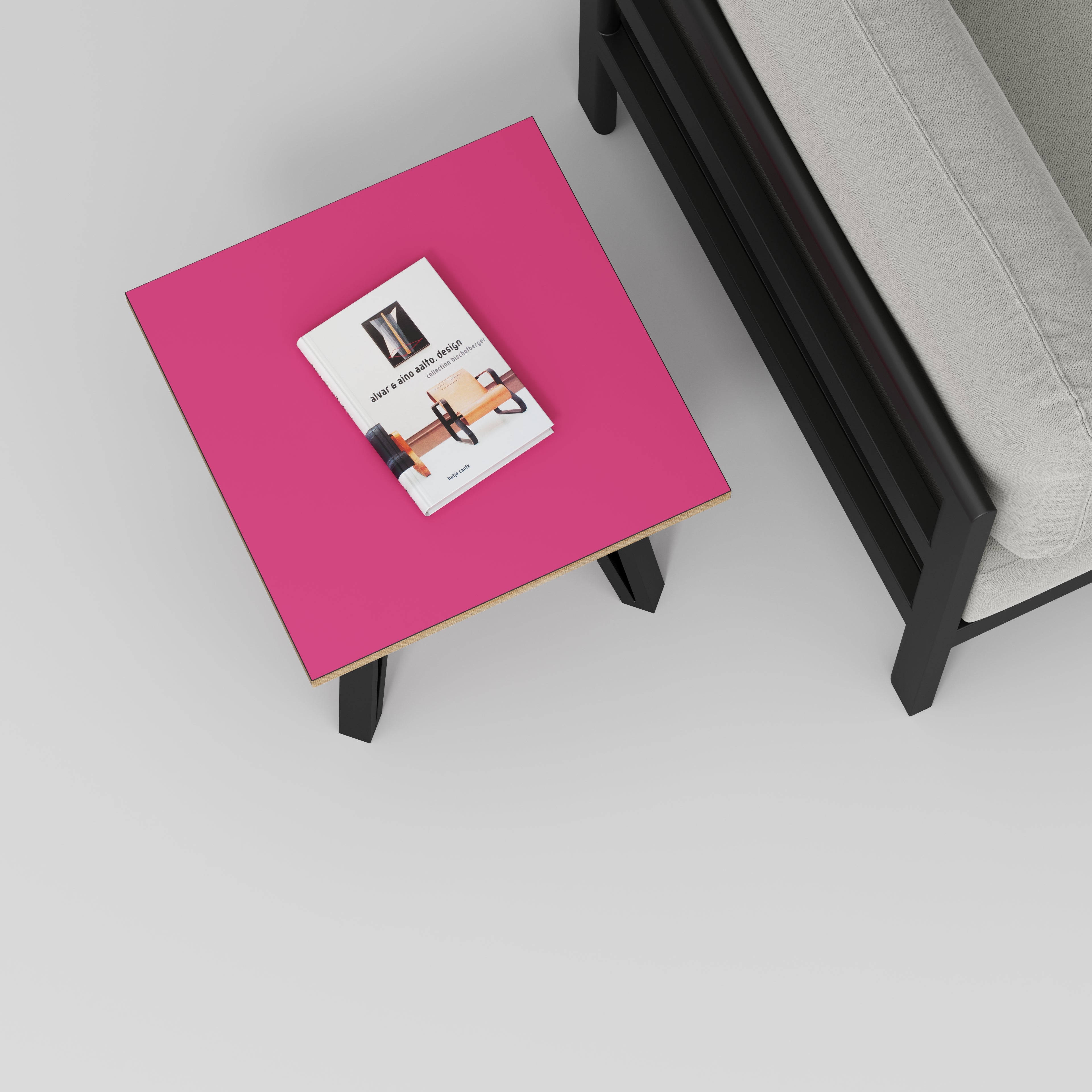 Plywood Side Table with Black Box Hairpin Legs - Formica Juicy Pink - 500(w) x 500(d) x 425(h)