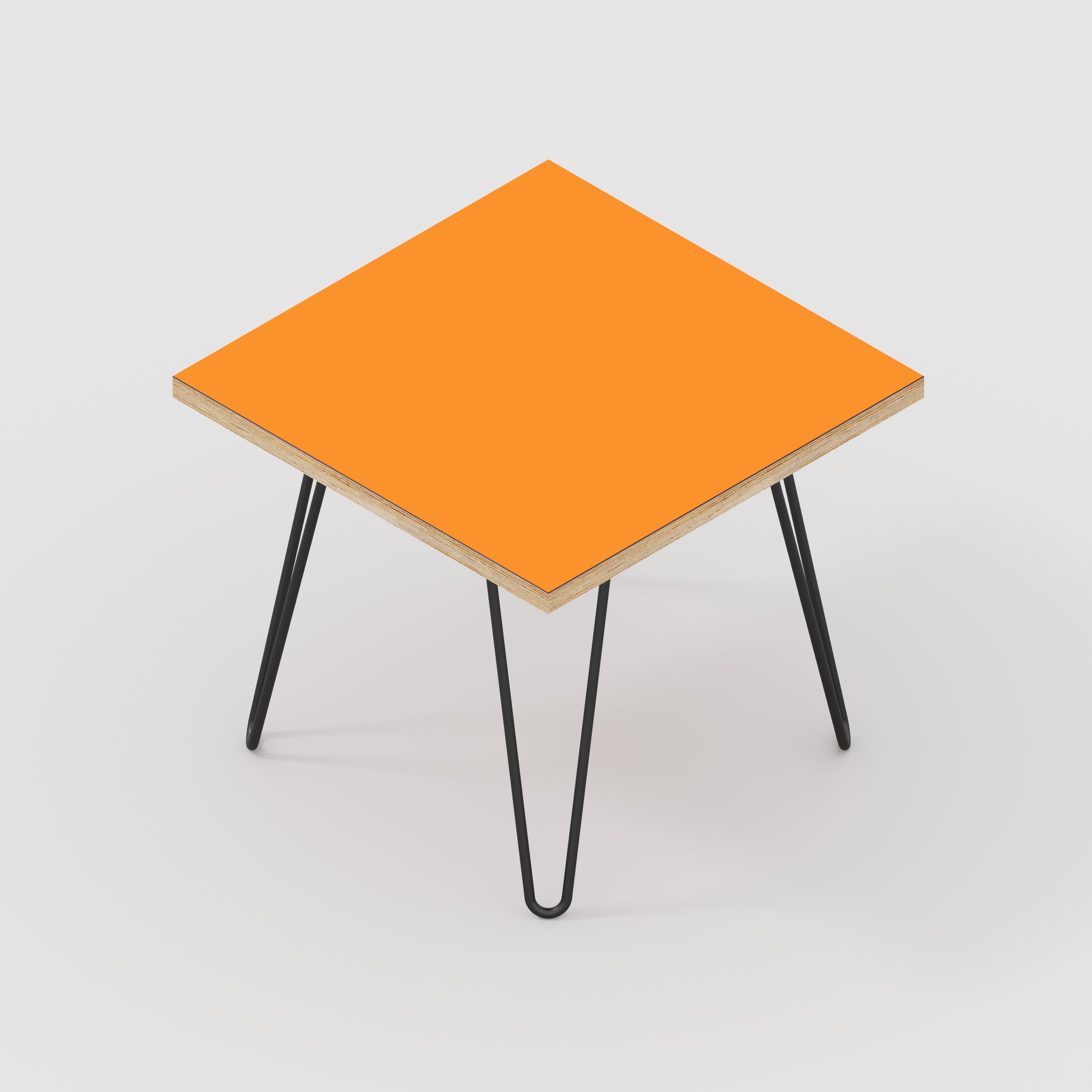 Plywood Side Table with Black Hairpin Legs - Formica Levante Orange - 500(w) x 500(d) x 425(h)