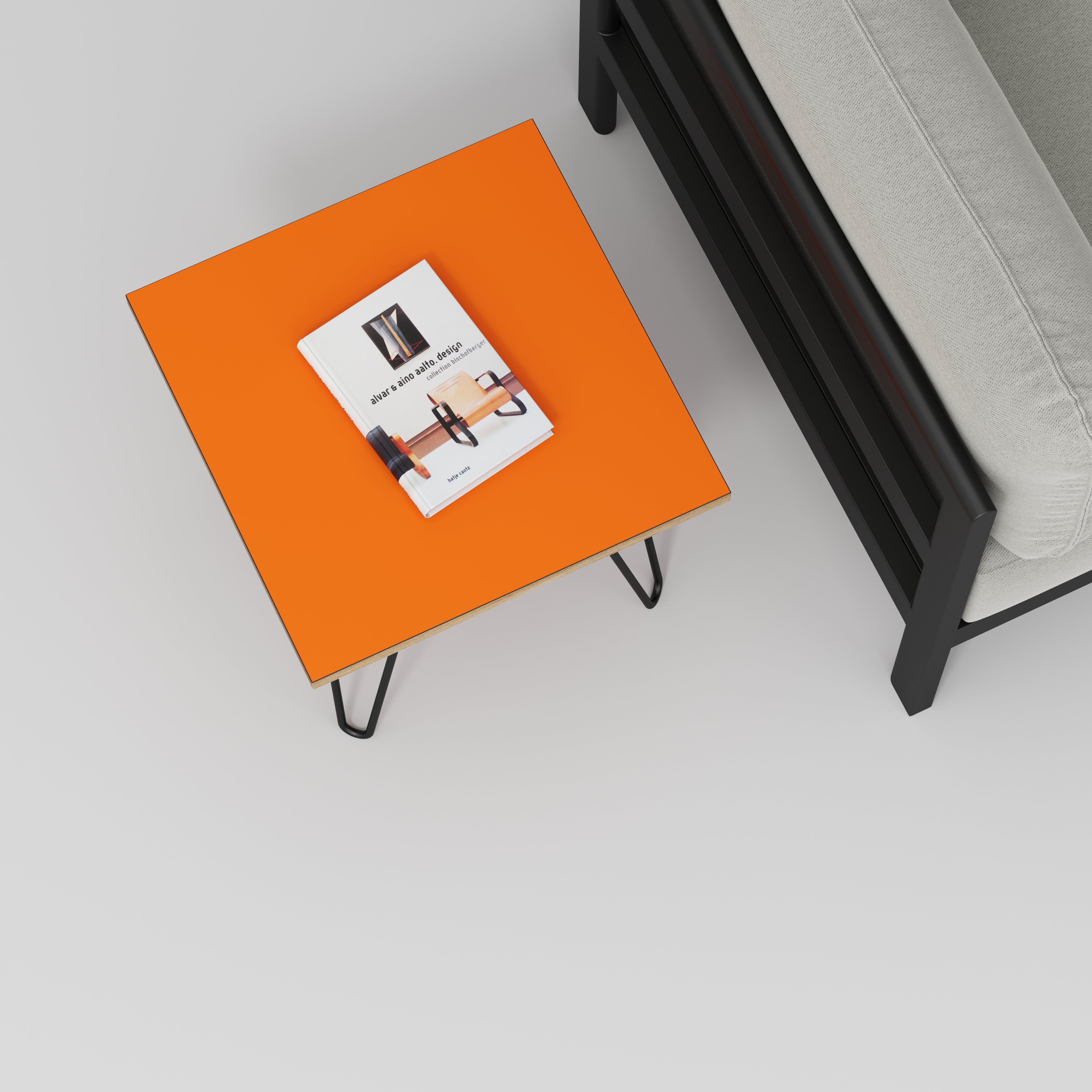 Plywood Side Table with Black Hairpin Legs - Formica Levante Orange - 500(w) x 500(d) x 425(h)