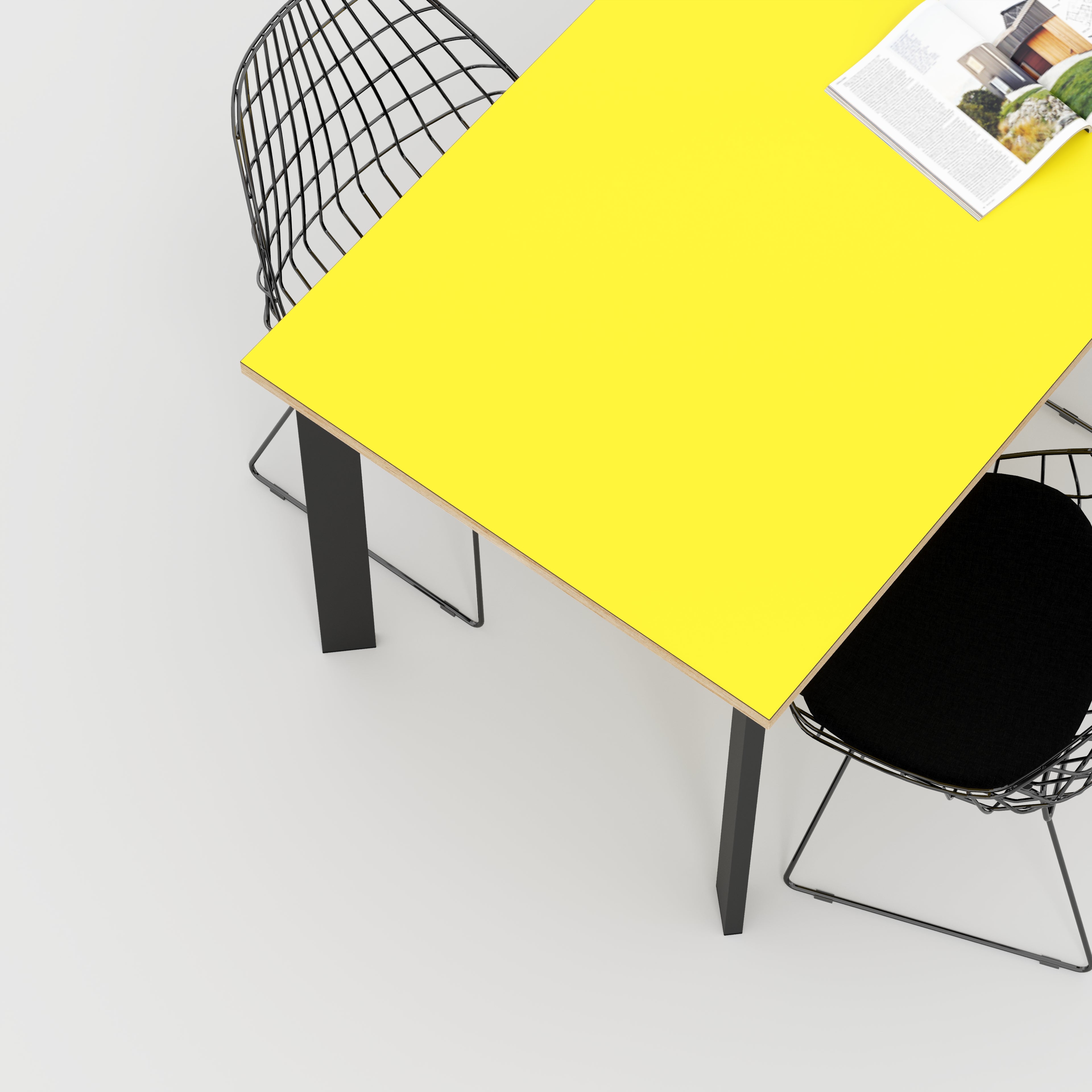 Plywood Table with Black Rectangular Single Pin Legs - Formica Chrome Yellow - 1600(w) x 800(d) x 735(h)