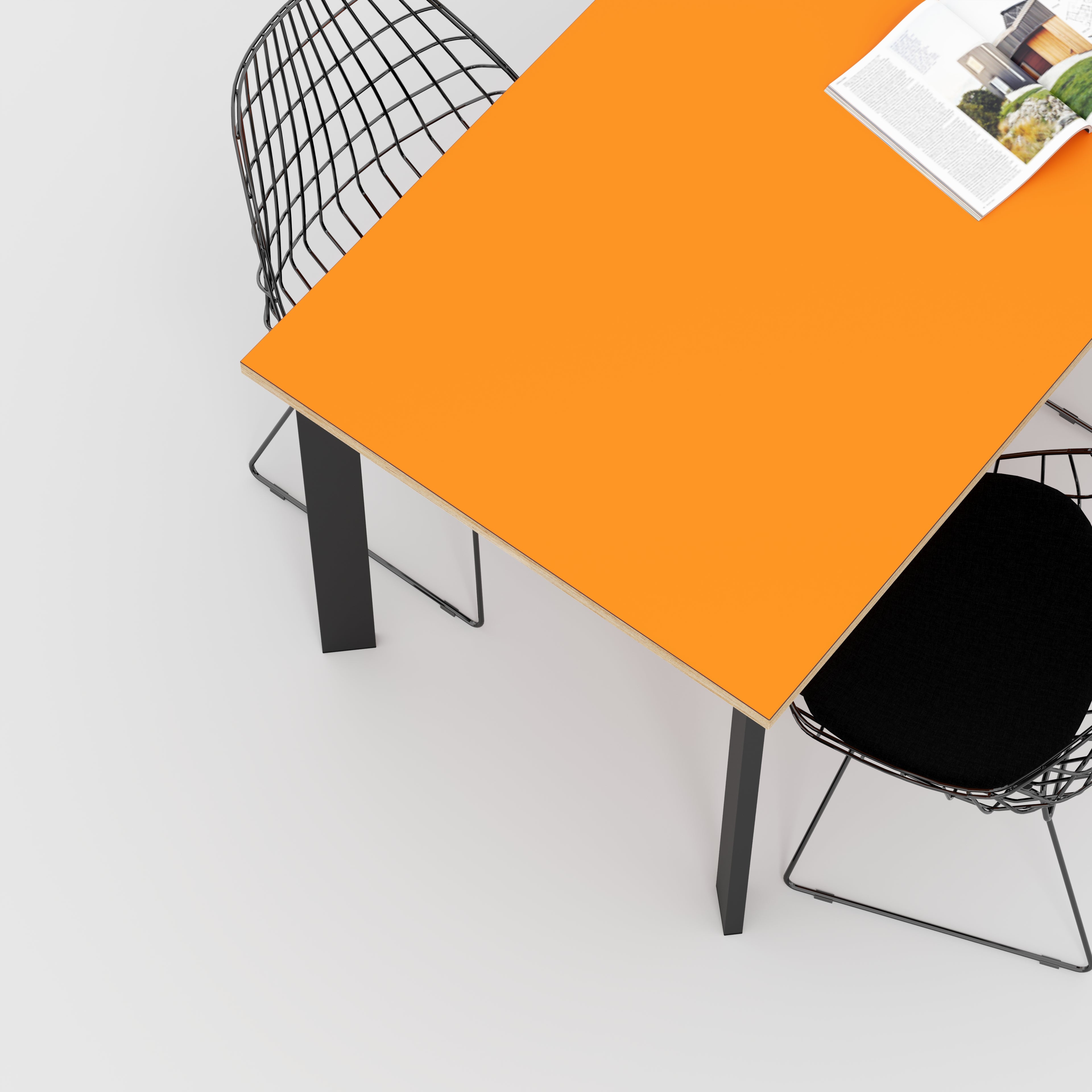 Plywood Table with Black Rectangular Single Pin Legs - Formica Levante Orange - 1600(w) x 800(d) x 735(h)