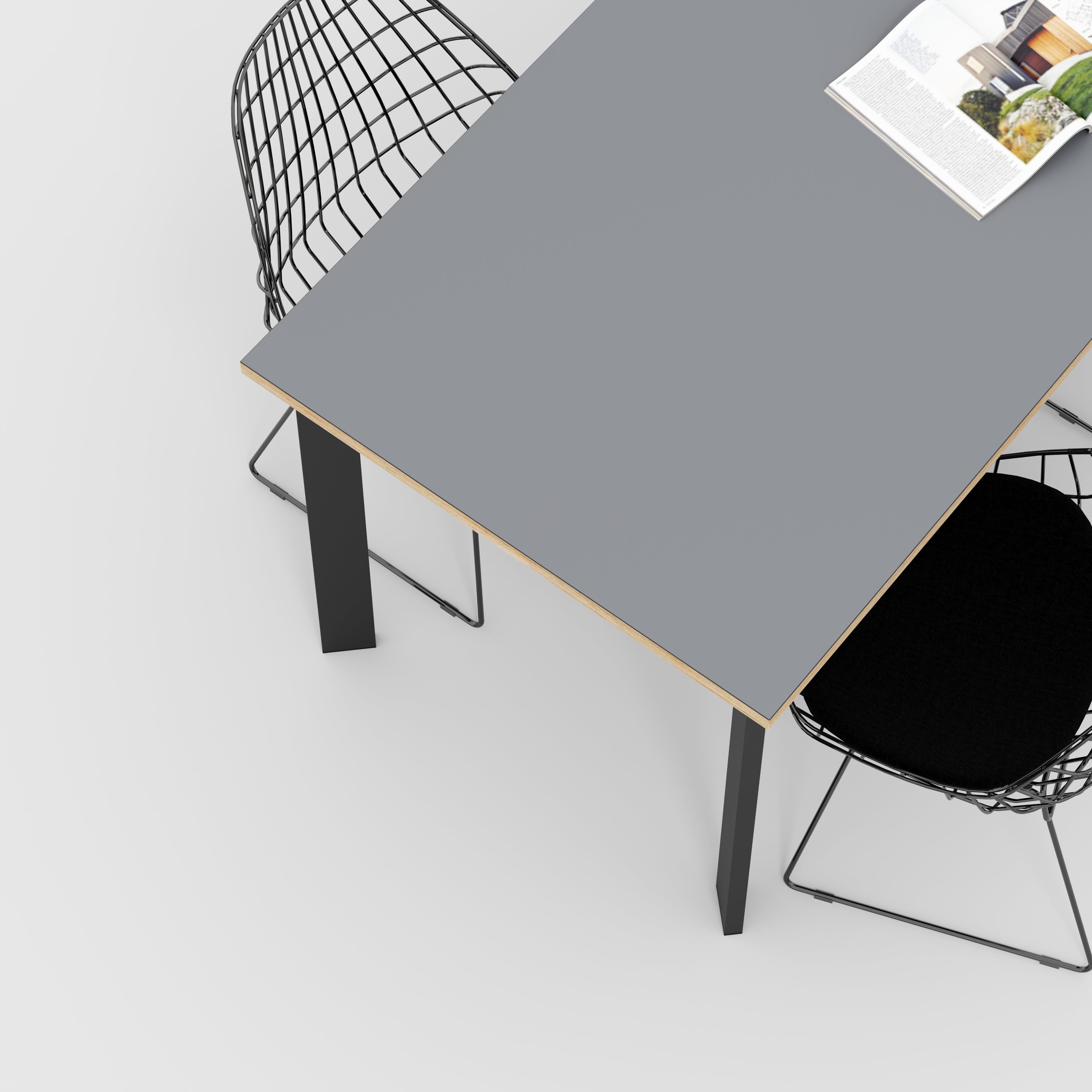 Plywood Table with Black Rectangular Single Pin Legs - Formica Tornado Grey - 1600(w) x 800(d) x 735(h)