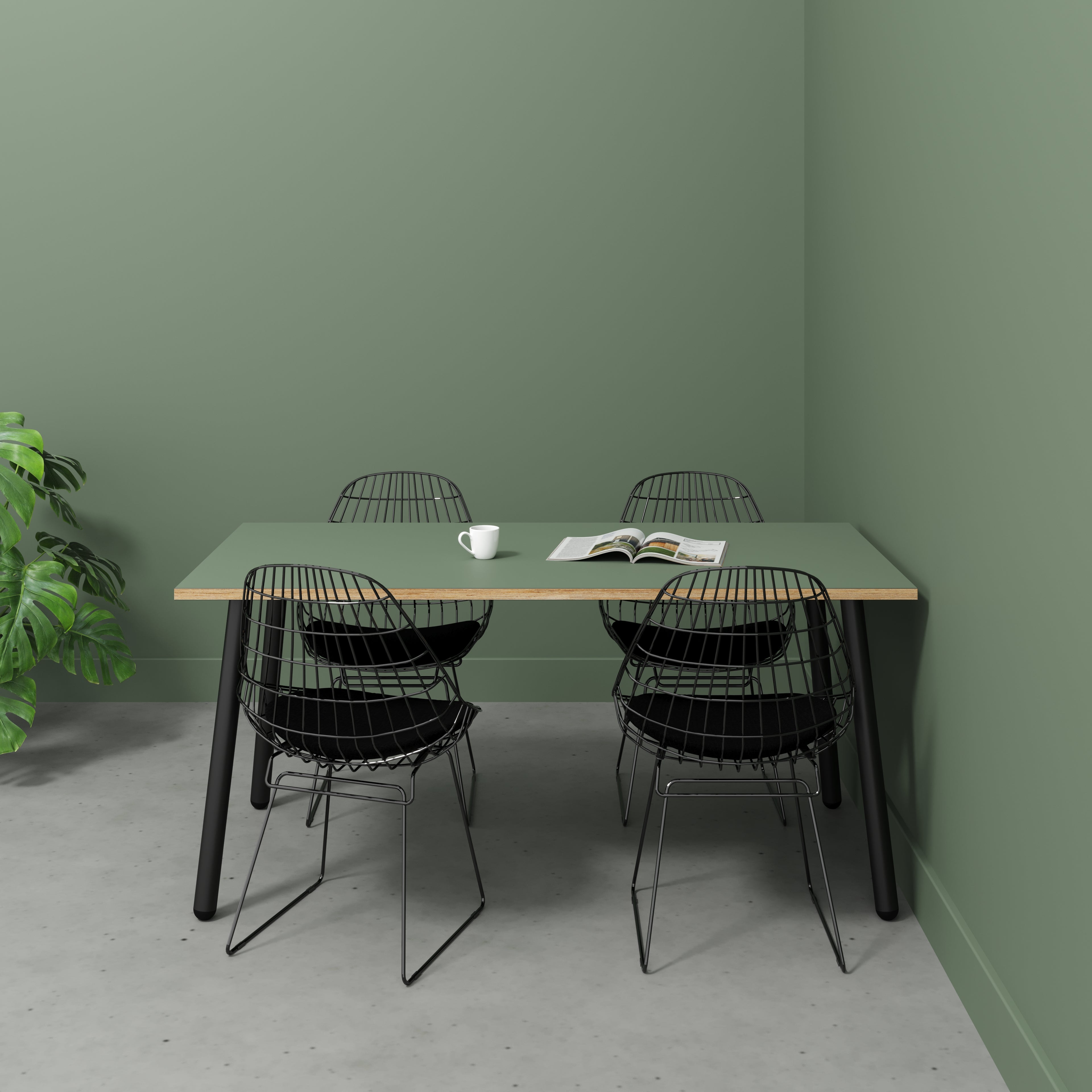 Plywood Table with Black Round Single Pin Legs - Formica Green Slate - 1600(w) x 800(d) x 735(h)