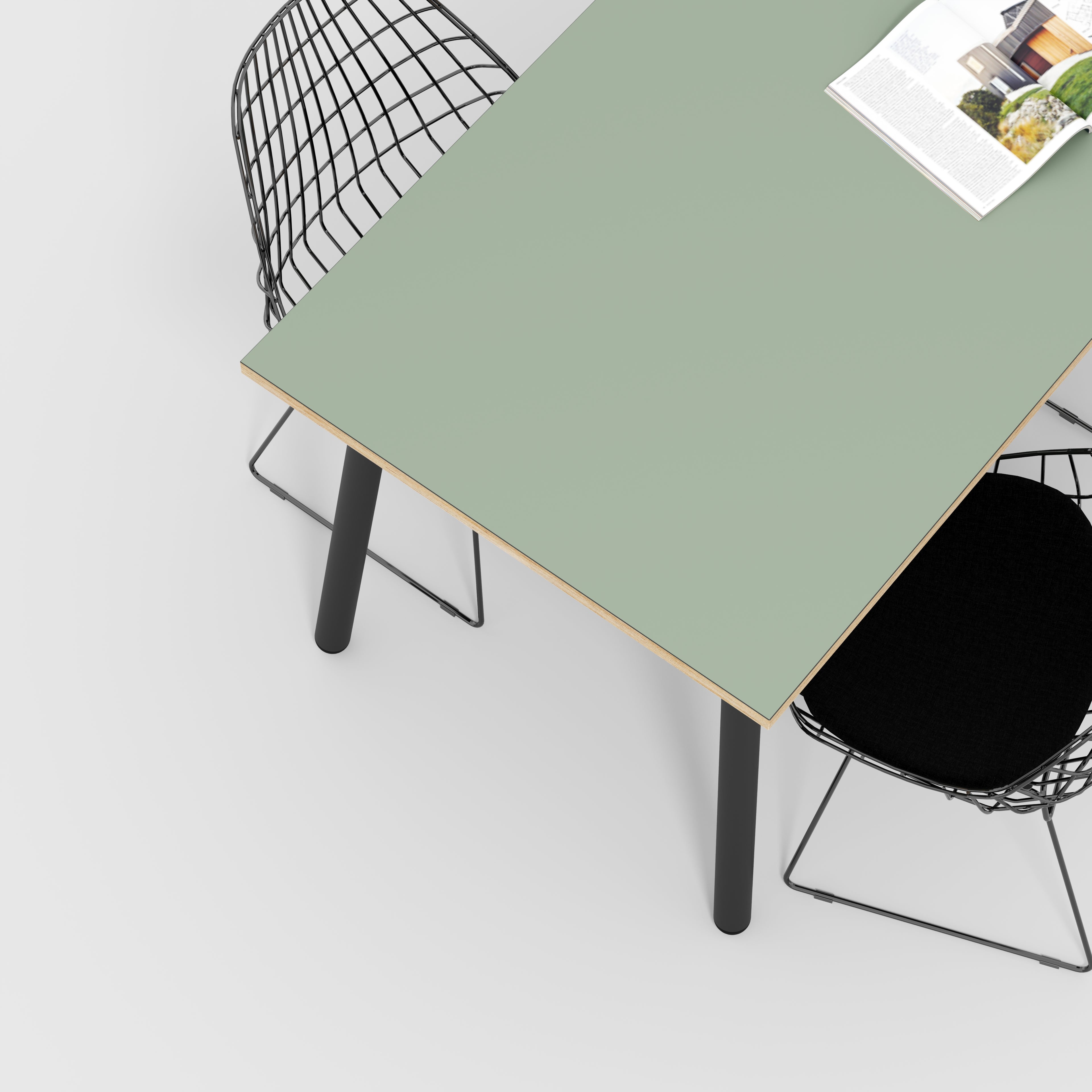 Plywood Table with Black Round Single Pin Legs - Formica Green Slate - 1600(w) x 800(d) x 735(h)