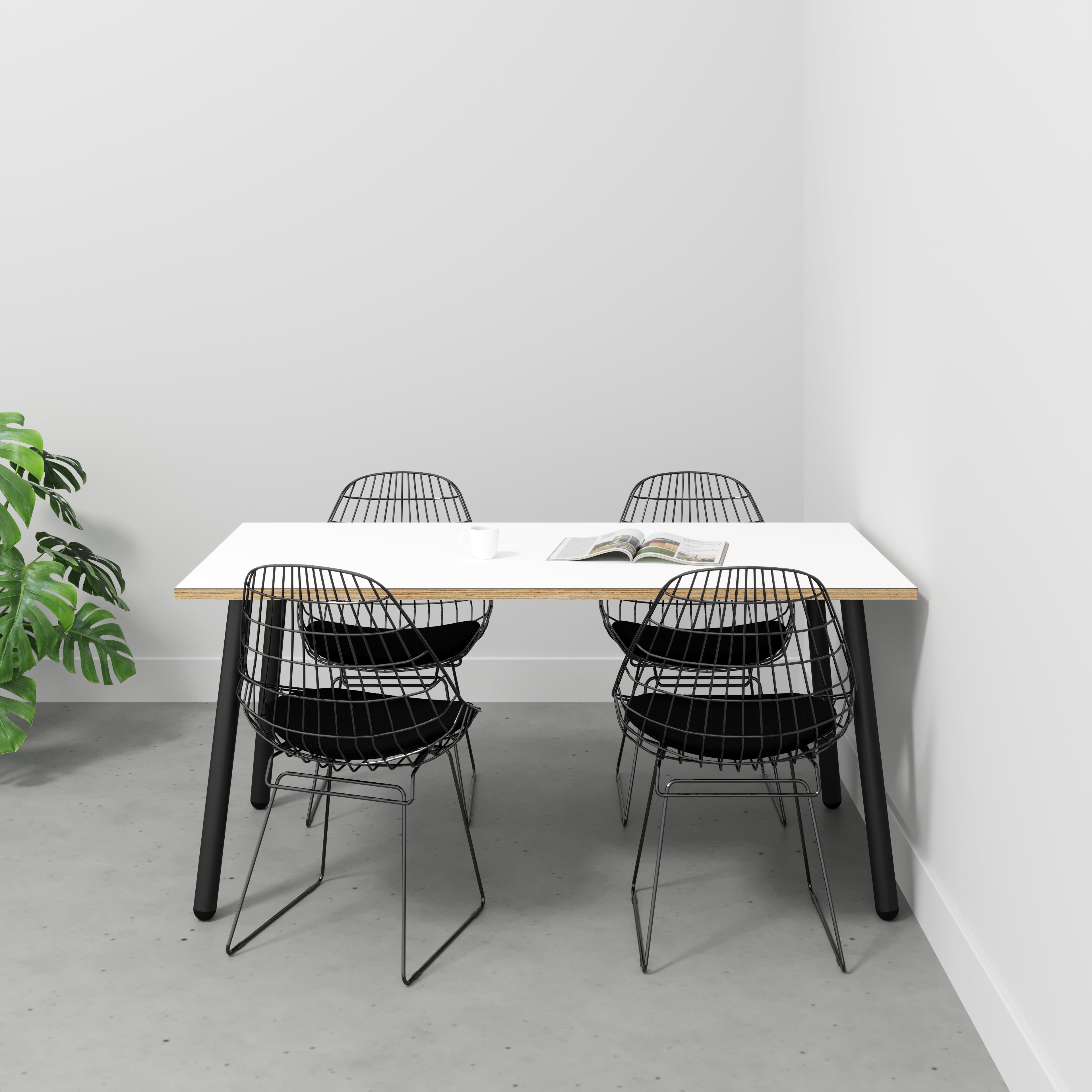 Plywood Table with Black Round Single Pin Legs - Formica White - 1600(w) x 800(d) x 735(h)