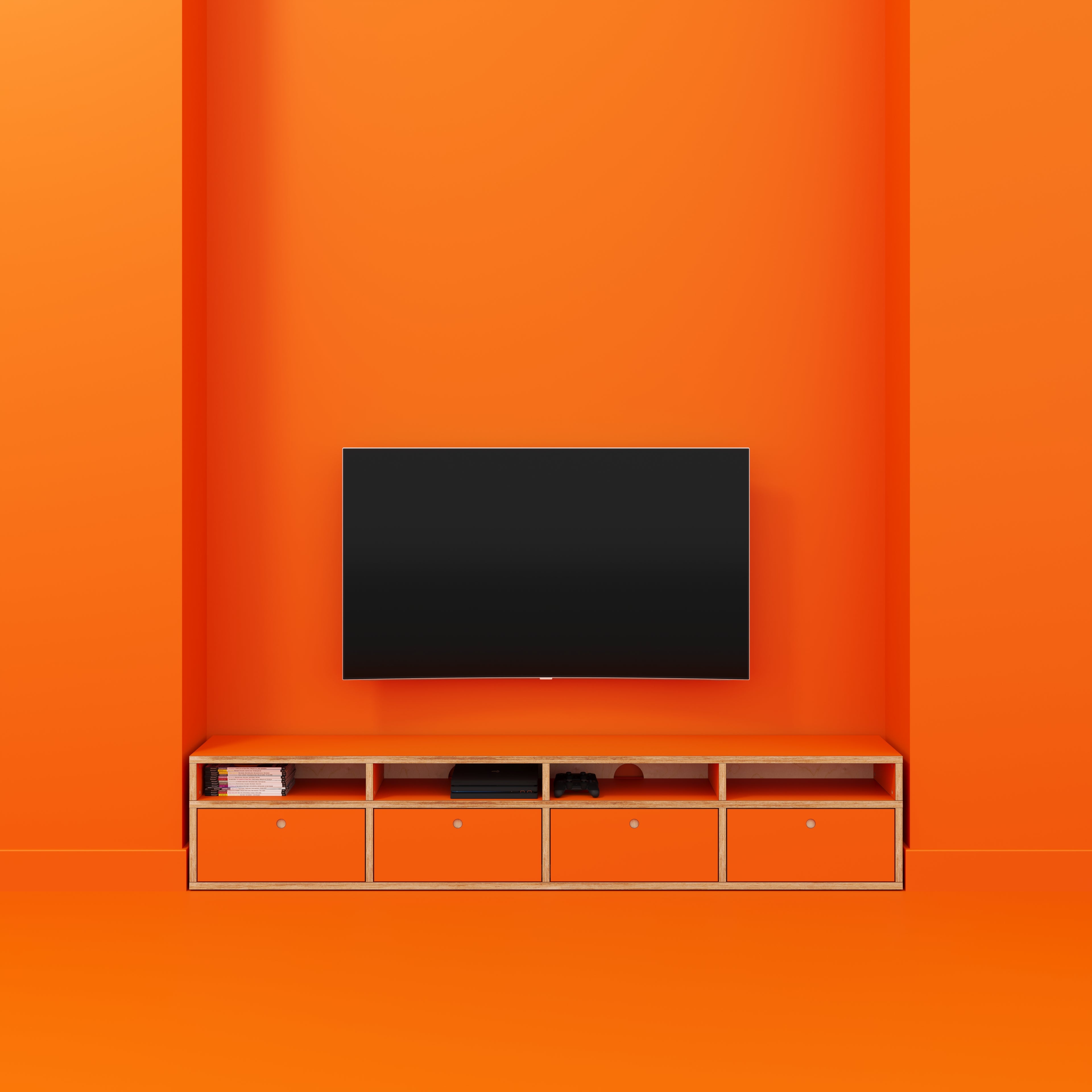 Plywood TV Entertainment Unit - Type 2 - Formica Levante Orange - 2400(w) x 400(d) x 450(h)