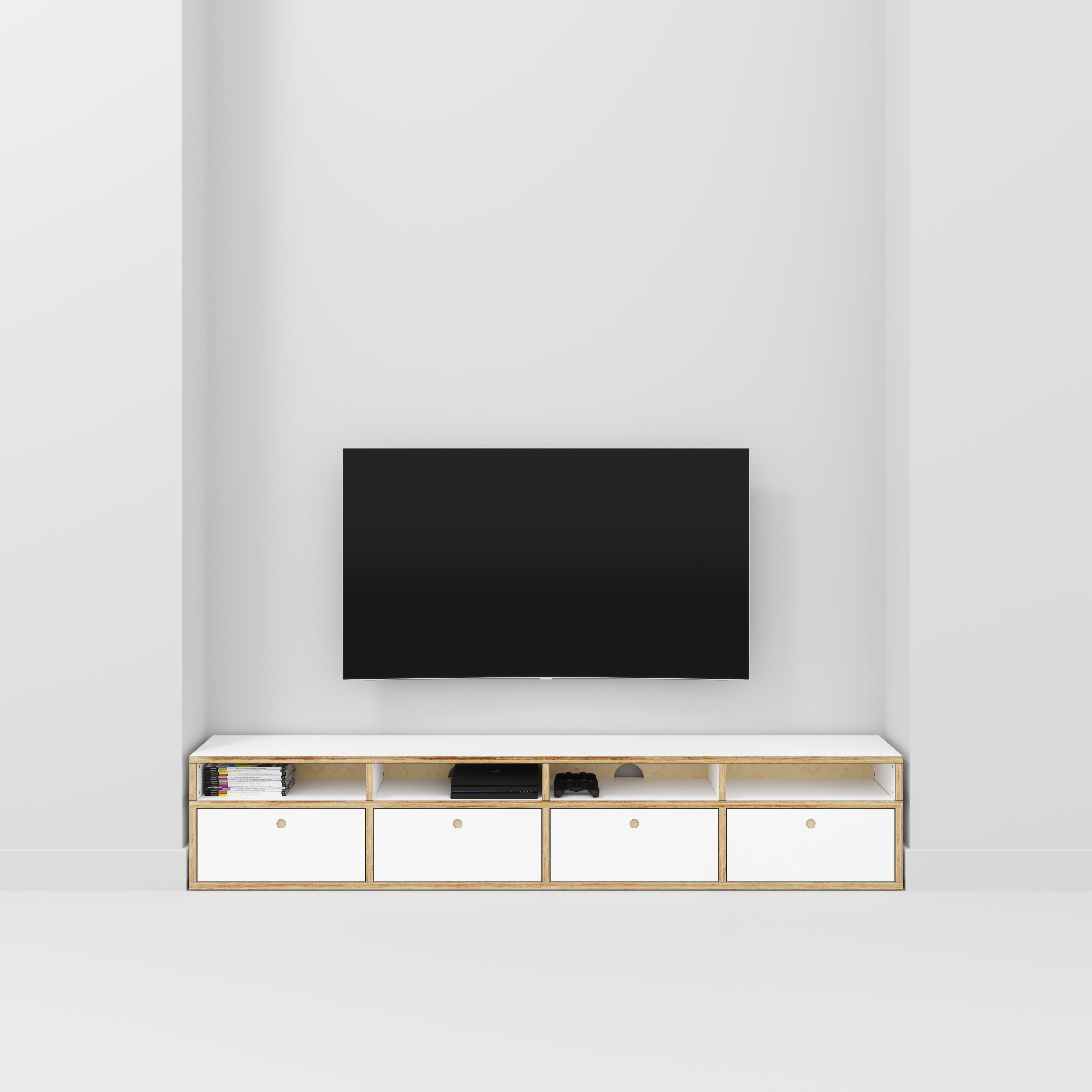 Plywood TV Entertainment Unit - Type 2 - Formica White - 2400(w) x 400(d) x 450(h)