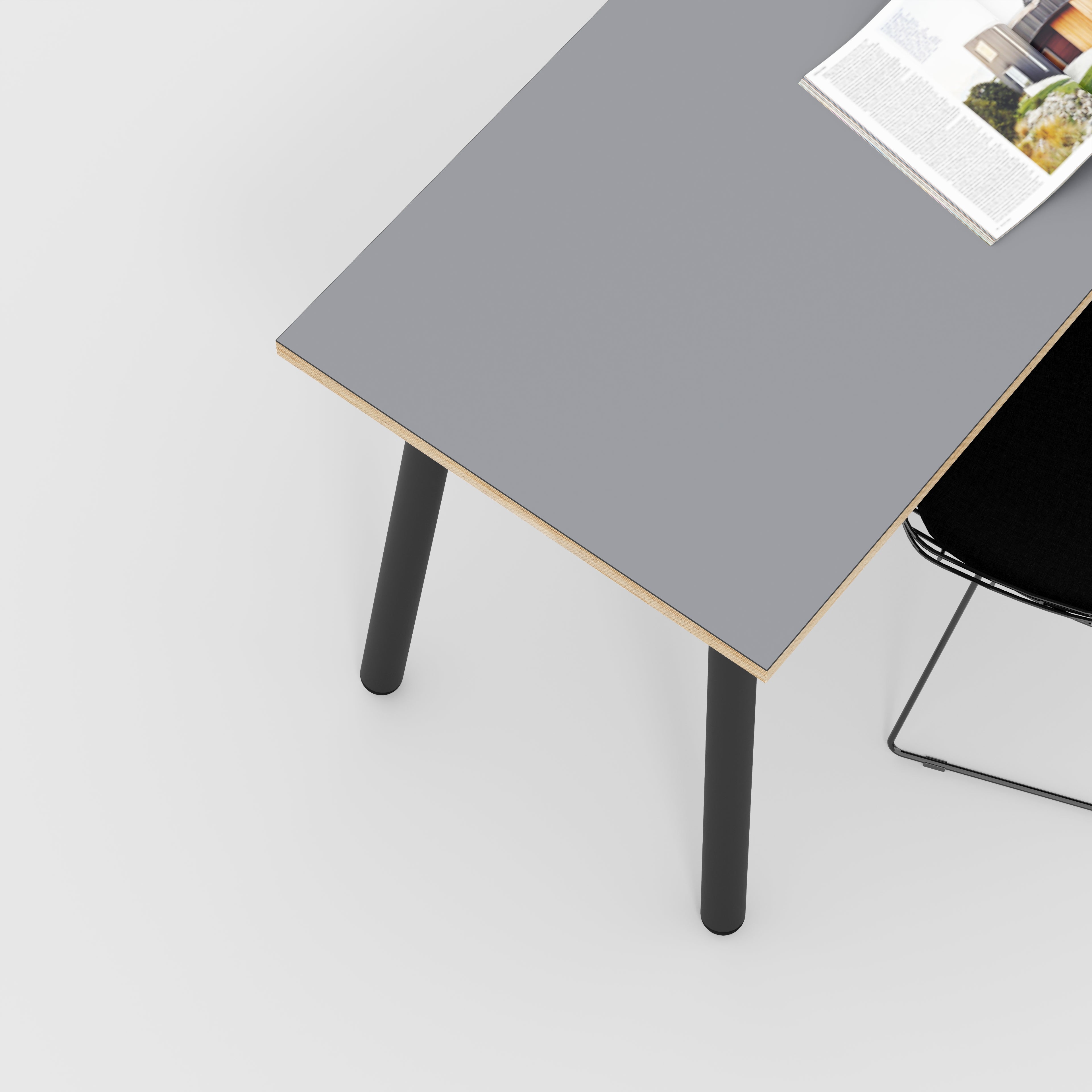 Plywood Desk with Black Round Single Pin Legs - Formica Tornado Grey - 1600(w) x 800(d) x 735(h)